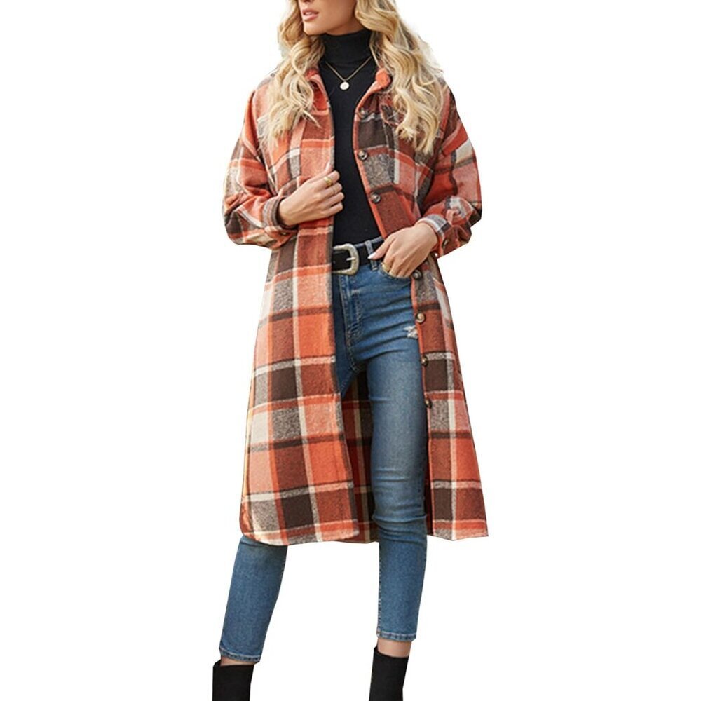Women's Wool Blend Plaid Shirt Jacket Long Sleeve Casual Buttons Pockets - Picture 1 of 5